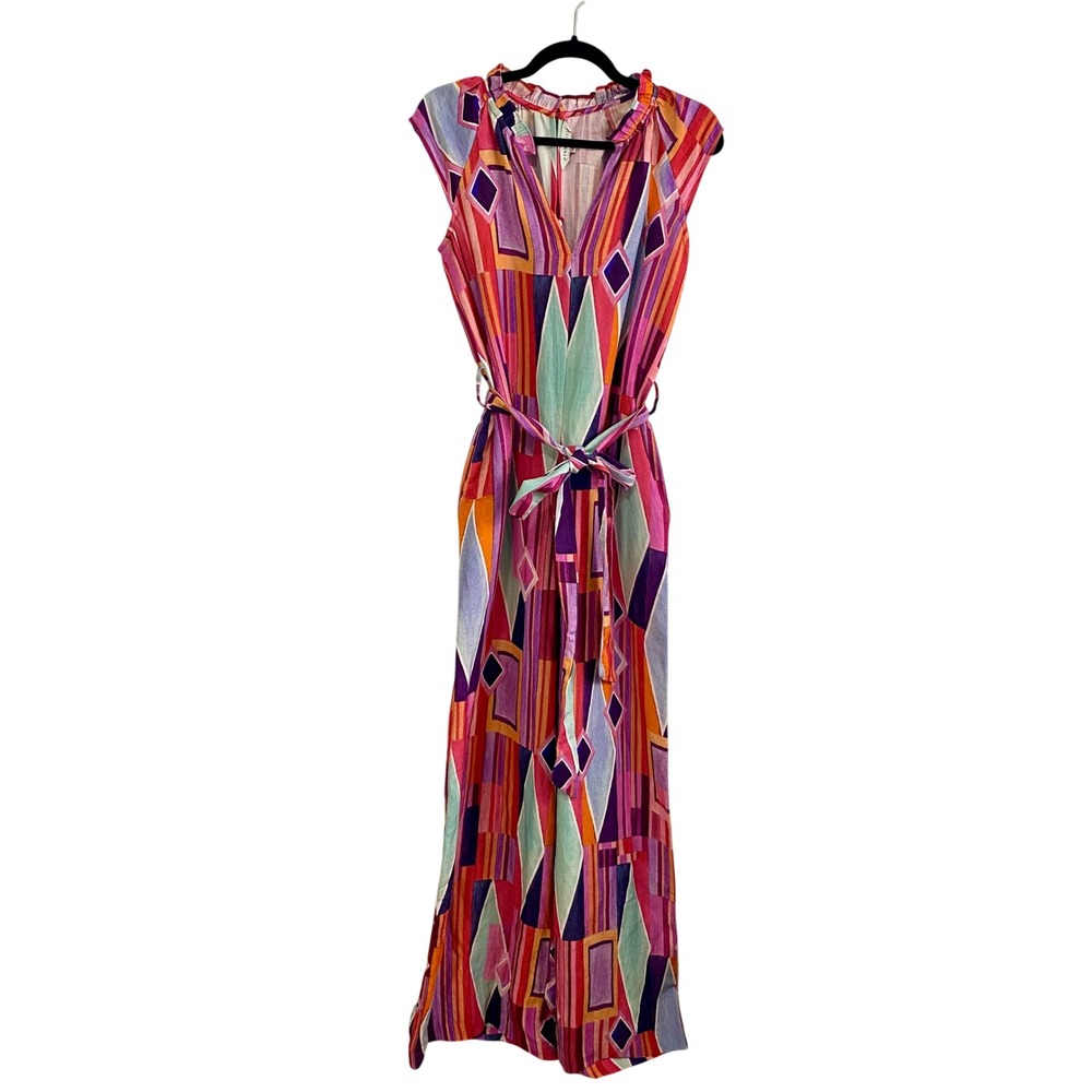 Ranna Gill Size S Linen Blend Geometric Wide Leg Jumpsuit Tie Waist